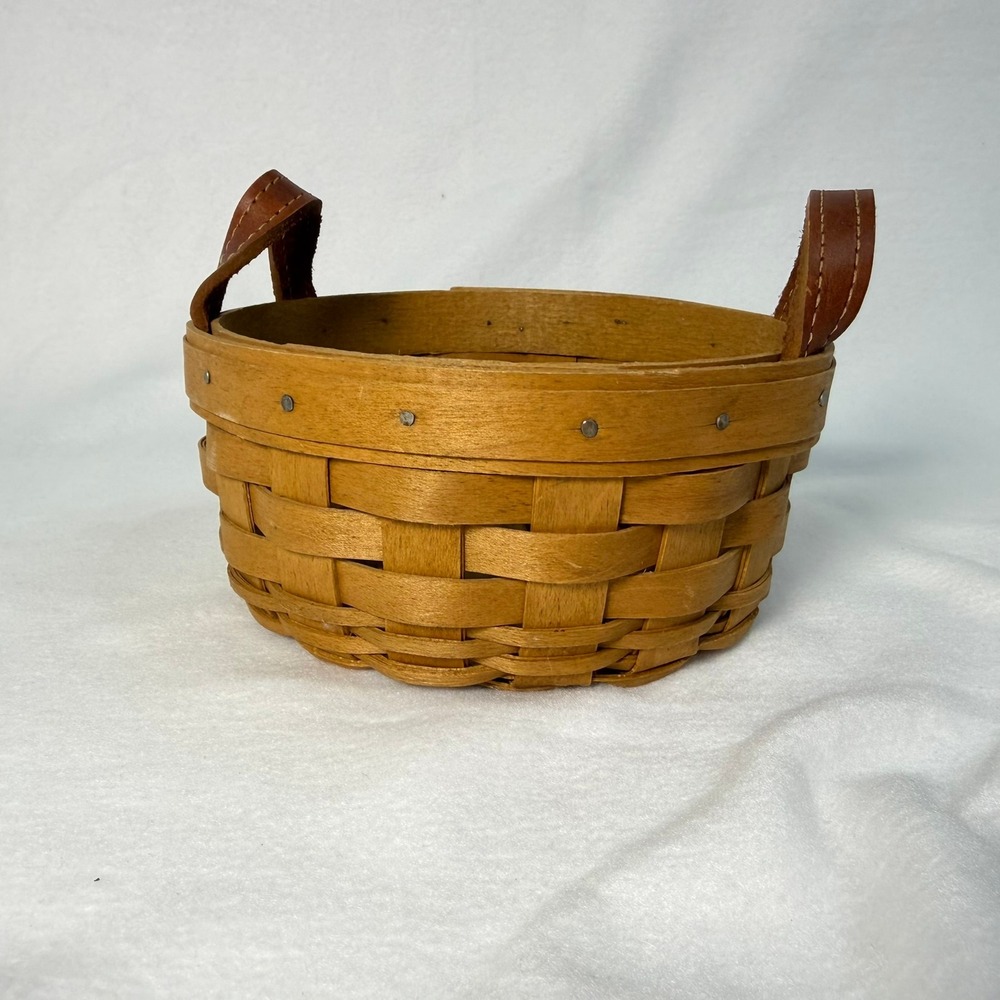 Longaberger 2003 Small Round Bowl Basket with Leather Handles Brown Woven Wood